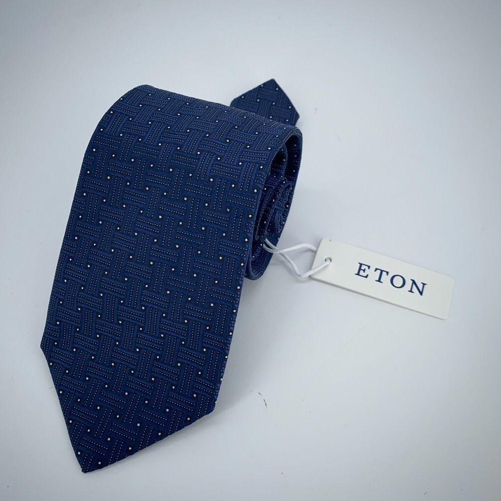 Eton Tie Mens One Size Blue Black‎ Patterned Silk Classic Necktie Italy Made NWT